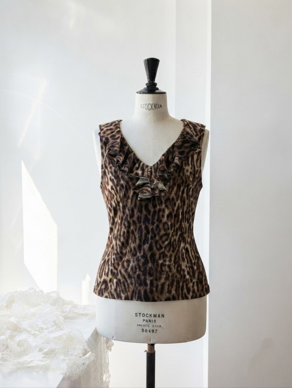 Lauren Ralph Lauren Brown & Tan Leopard Ruffle V-Neck Sleeveless Top